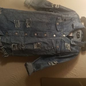Distressed medium wash denim dress/jacket.